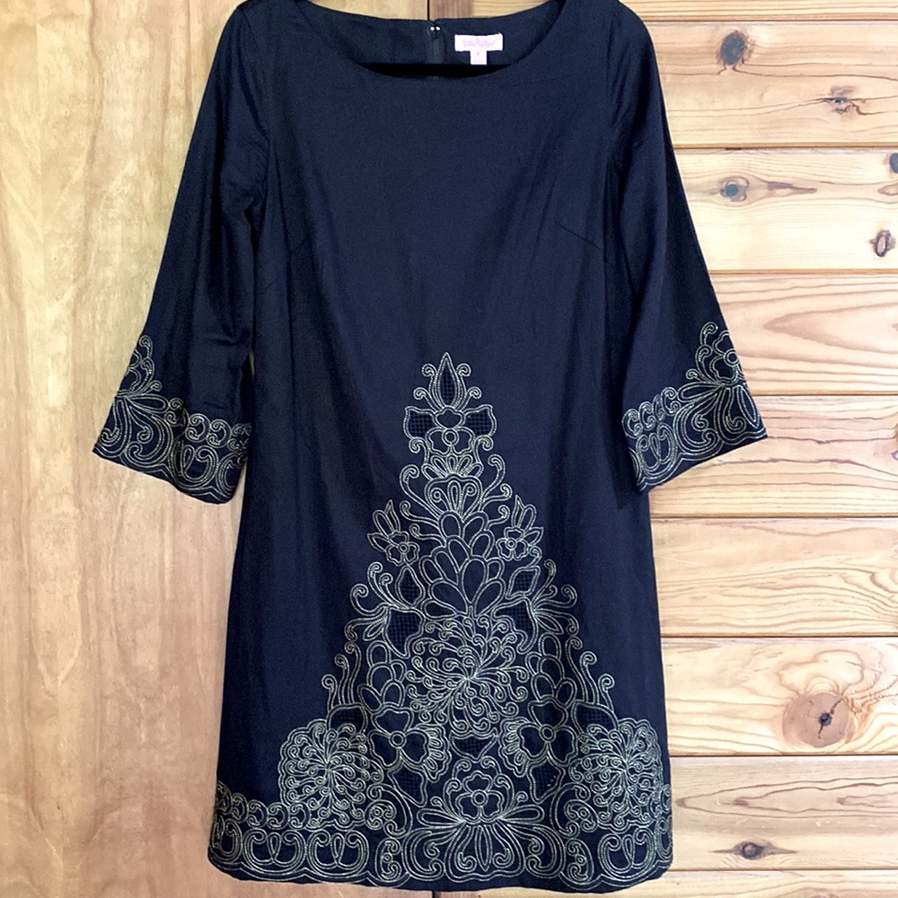 Lilly Pulitzer Black Asymmetrical Dress with Silver Embroidery